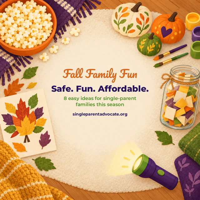Illustration of popcorn, painted pumpkins, a leaf collage and a gratitude jar showing safe, fun and affordable fall ideas for single parents
