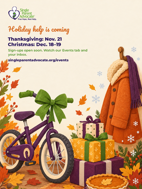 Illustration of a bicycle with a bow, gifts, a winter coat and a pie announcing SPA’s Thanksgiving on Nov. 21 and Christmas Outreach on Dec. 18 to 19
